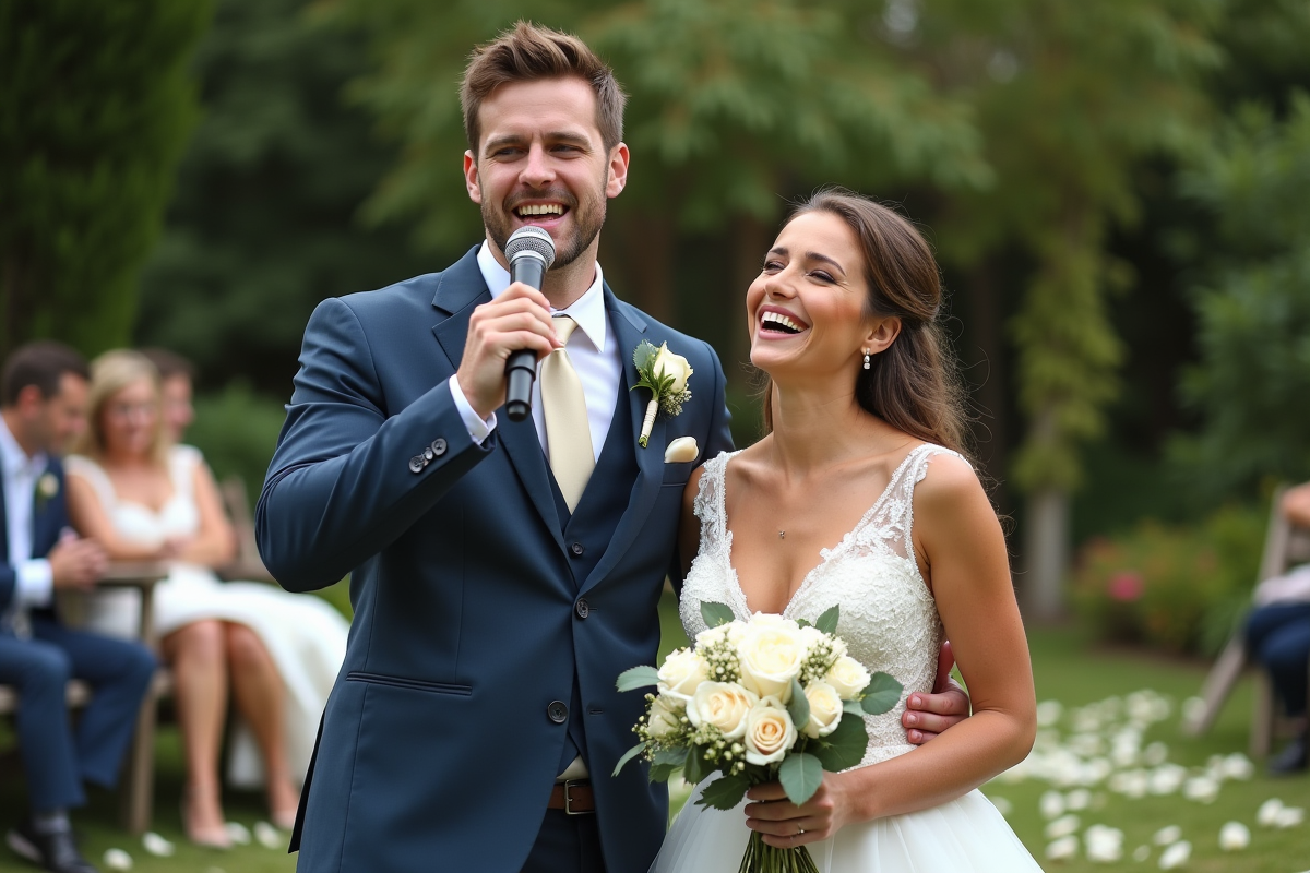 Jeune couple marié riant en extérieur avec invités
