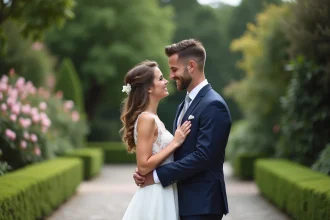 Jeune couple marié dans un jardin en plein air