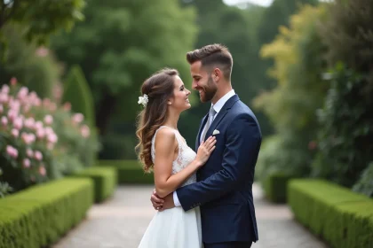 Jeune couple marié dans un jardin en plein air
