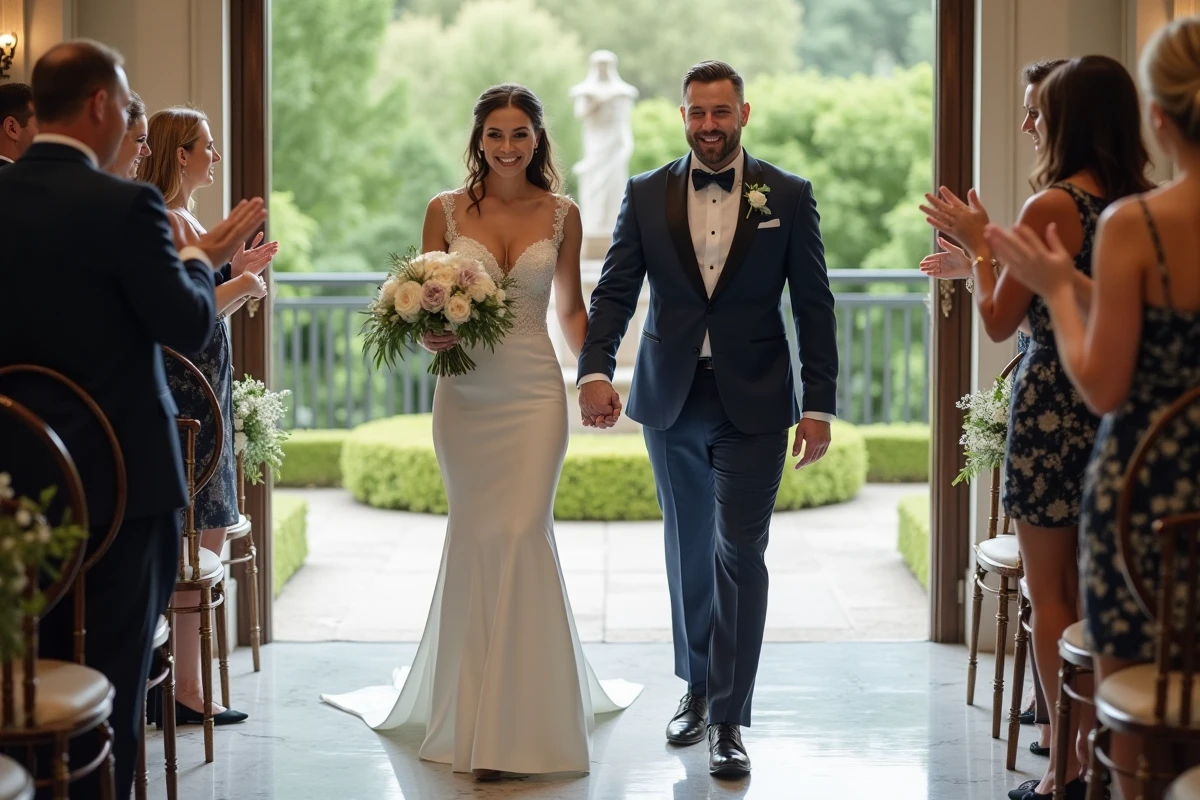 Jeune couple de mariés marchant dans le lieu de réception