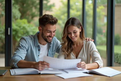 Jeune couple planifiant leur mariage à la maison