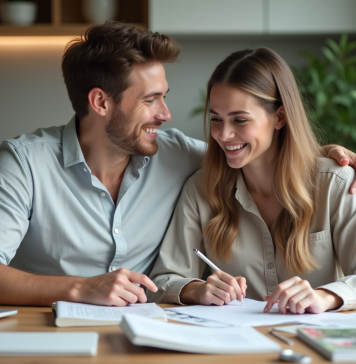 Montant idéal pour financer un mariage : nos recommandations financières ! Jeune couple souriant préparant leur mariage à la maison