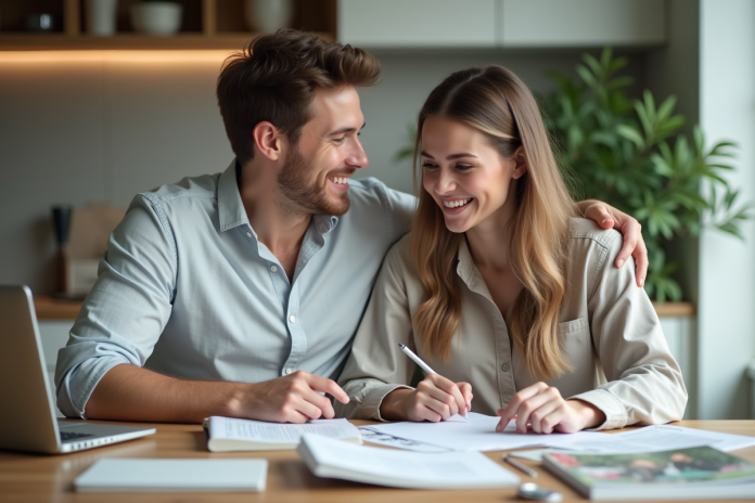 jeune-couple-preparatifs-mariage Jeune couple souriant préparant leur mariage à la maison