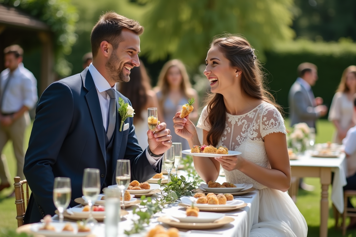 Jeune couple dégustant des canapés dans un jardin lors d