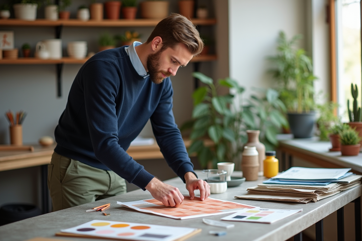 Jeune designer arrange des échantillons de décoration dans un studio
