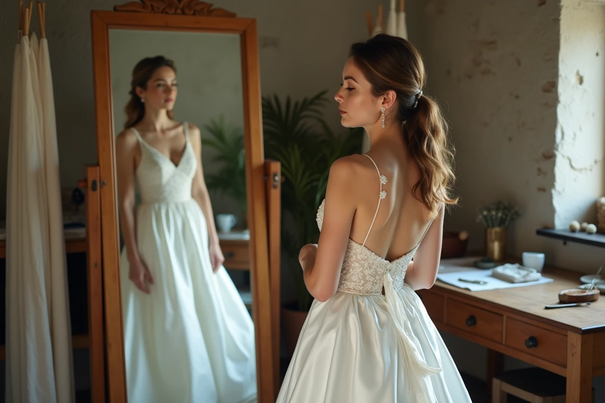 Jeune femme essayant une robe de mariage dans un atelier