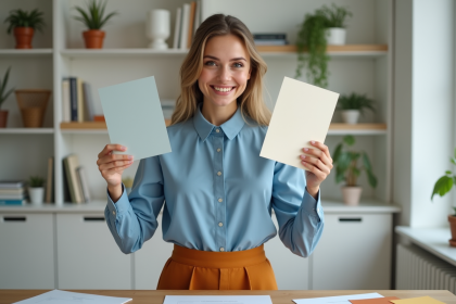 Jeune femme en blouse bleue et jupe ocre tenant des échantillons de couleur