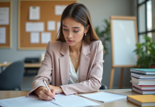 Diplôme wedding planner : quelles études pour se former ? Jeune femme en blazer pastel inscrivant un cours dans un bureau