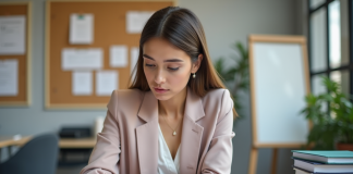 Diplôme wedding planner : quelles études pour se former ? Jeune femme en blazer pastel inscrivant un cours dans un bureau