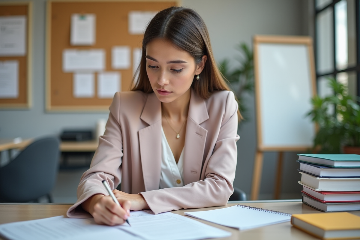 Jeune femme en blazer pastel inscrivant un cours dans un bureau