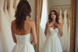 Jeune femme en robe de mariage ajustant le décolleté dans un salon