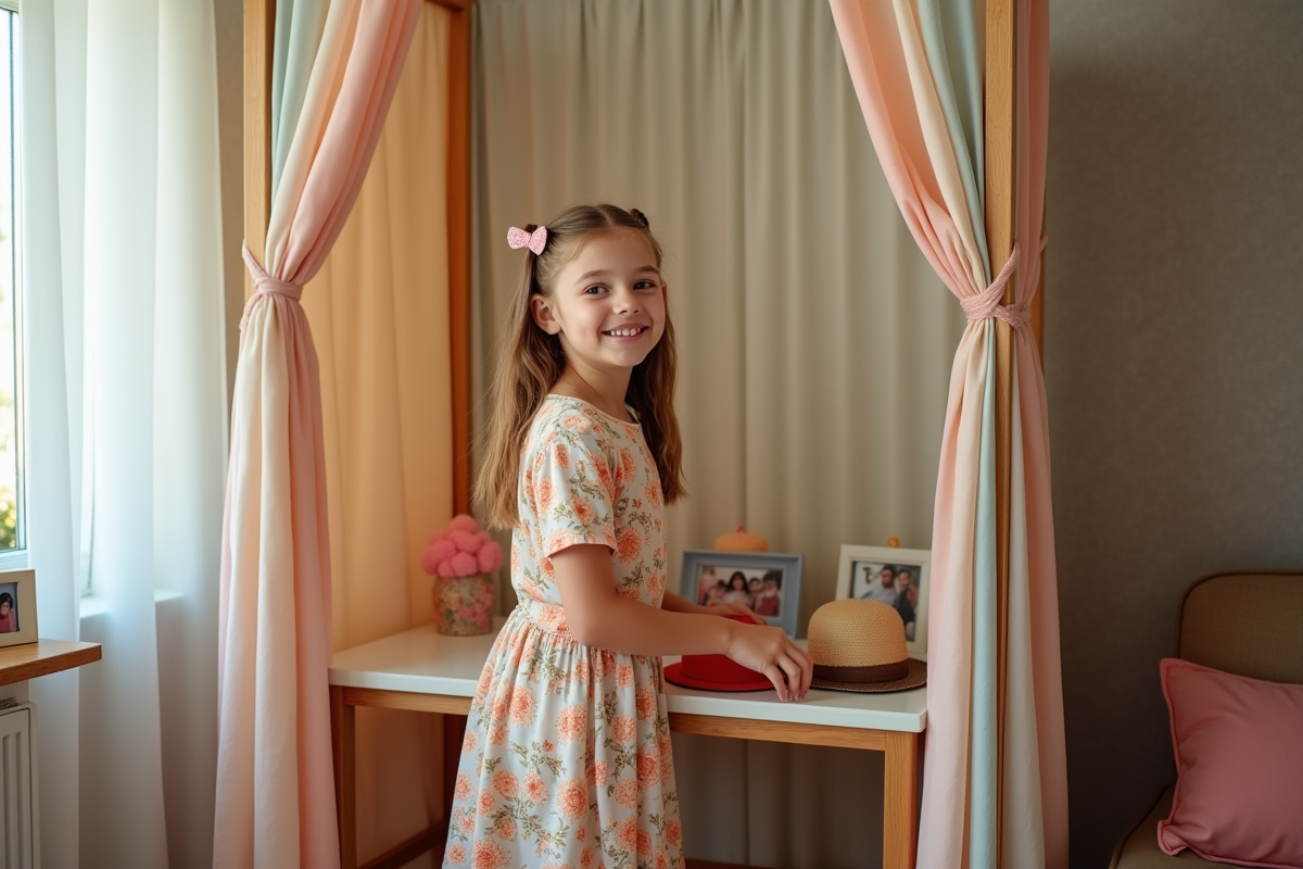 Jeune fille souriante dans un photobooth à la maison avec accessoires
