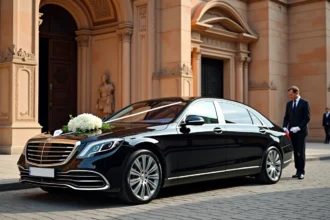 Mercedes-Maybach noire avec chauffeur en uniforme devant la cathédrale de Toulouse pour un mariage haut de gamme