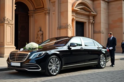 Mercedes-Maybach noire avec chauffeur en uniforme devant la cathédrale de Toulouse pour un mariage haut de gamme