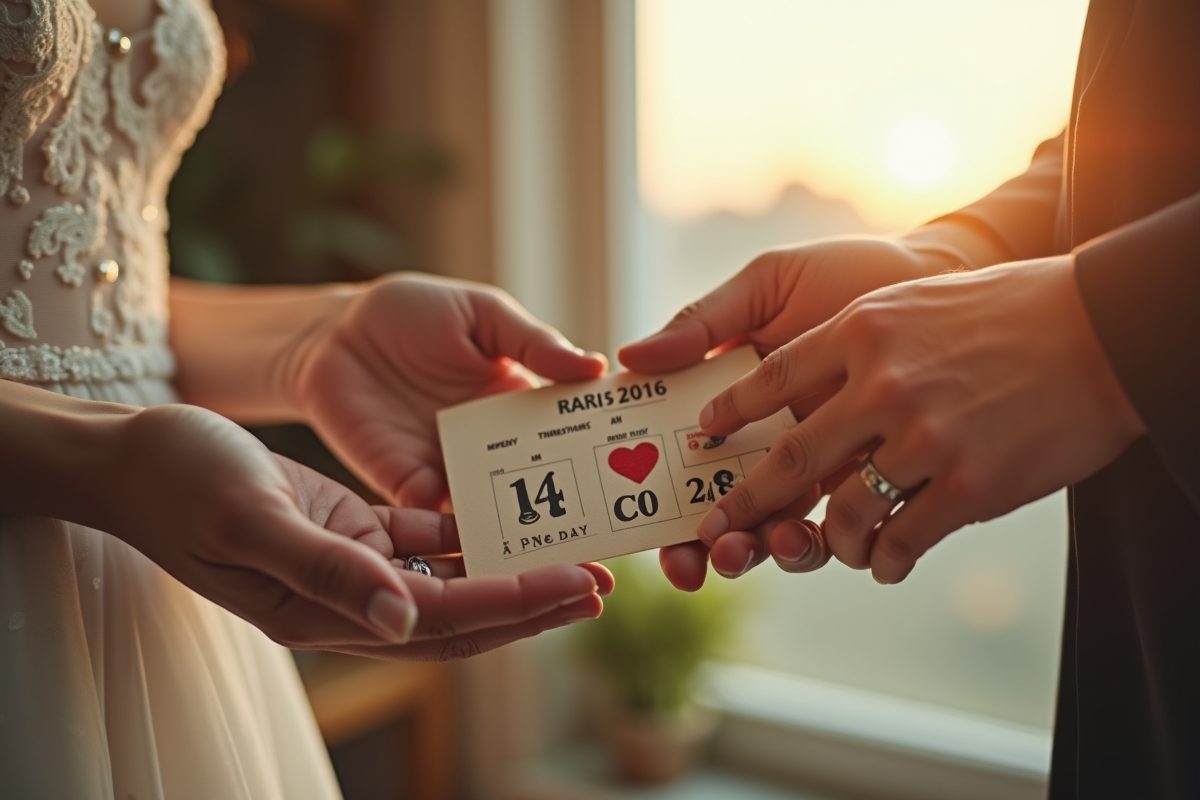 Mains entrelacees avec bagues de mariage et calendrier vintage
