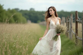 Jeune femme en robe de mariée bohème dans un champ de fleurs