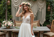 Couleurs mariage bohème : conseils pour une décoration tendance en 2025 ! Jeune mariée en robe bohème ajustant une couronne florale pastel