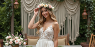 Couleurs mariage bohème : conseils pour une décoration tendance en 2025 ! Jeune mariée en robe bohème ajustant une couronne florale pastel