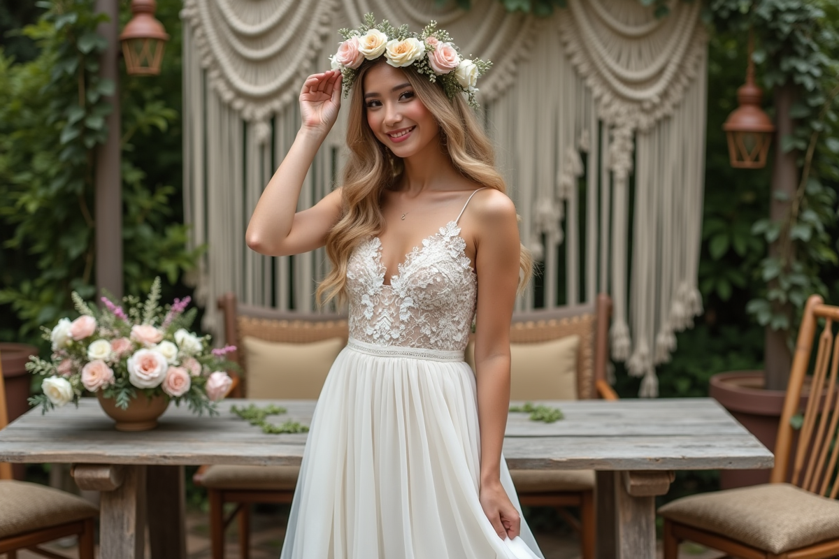 Jeune mariée en robe bohème ajustant une couronne florale pastel