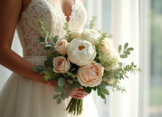 Mariée tenant un bouquet de peonies roses et eucalyptus