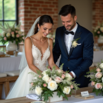 Décoration mariage : Astuces pour une organisation parfaite Jeune couple mariage arrangeant fleurs dans salle rustique