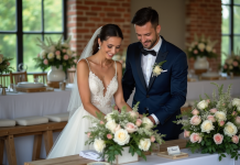 Décoration mariage : Astuces pour une organisation parfaite Jeune couple mariage arrangeant fleurs dans salle rustique