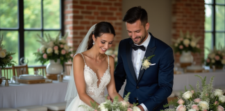 Jeune couple mariage arrangeant fleurs dans salle rustique