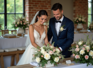 Décoration mariage : Astuces pour une organisation parfaite Jeune couple mariage arrangeant fleurs dans salle rustique