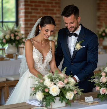 Décoration mariage : Astuces pour une organisation parfaite Jeune couple mariage arrangeant fleurs dans salle rustique