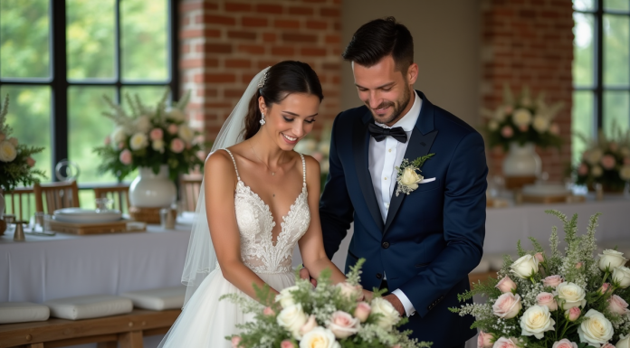 Décoration mariage : Astuces pour une organisation parfaite Jeune couple mariage arrangeant fleurs dans salle rustique