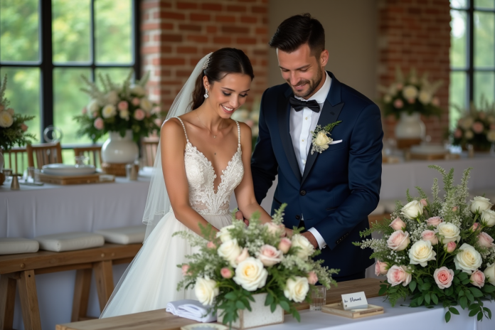 Jeune couple mariage arrangeant fleurs dans salle rustique