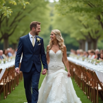 Prix mariage 100 personnes : combien coûte un mariage de taille moyenne ? Jeune couple de mariés dans un jardin lors d'un mariage