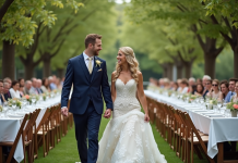 Prix mariage 100 personnes : combien coûte un mariage de taille moyenne ? Jeune couple de mariés dans un jardin lors d'un mariage