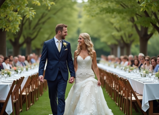 Prix mariage 100 personnes : combien coûte un mariage de taille moyenne ? Jeune couple de mariés dans un jardin lors d'un mariage