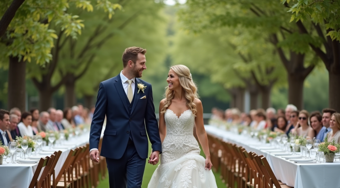 Prix mariage 100 personnes : combien coûte un mariage de taille moyenne ? Jeune couple de mariés dans un jardin lors d'un mariage
