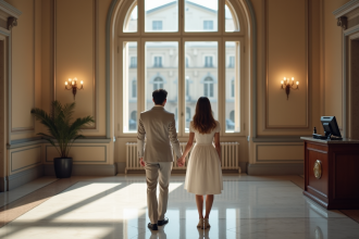 Jeune couple en mariage à la mairie européenne