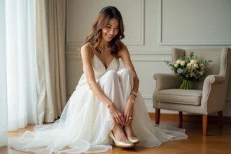 Jeune femme en robe de mariée ajuste ses chaussures dorées