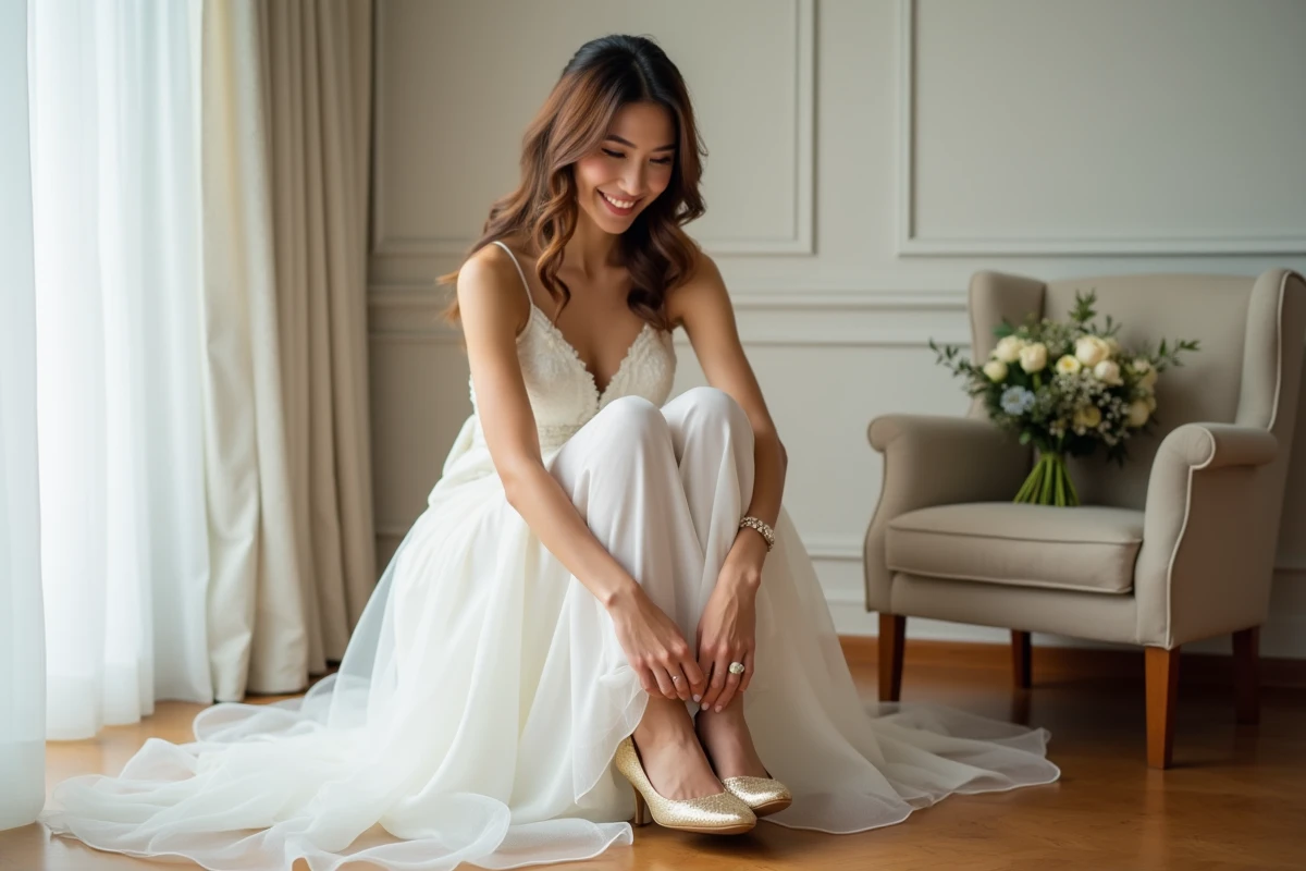 Jeune femme en robe de mariée ajuste ses chaussures dorées