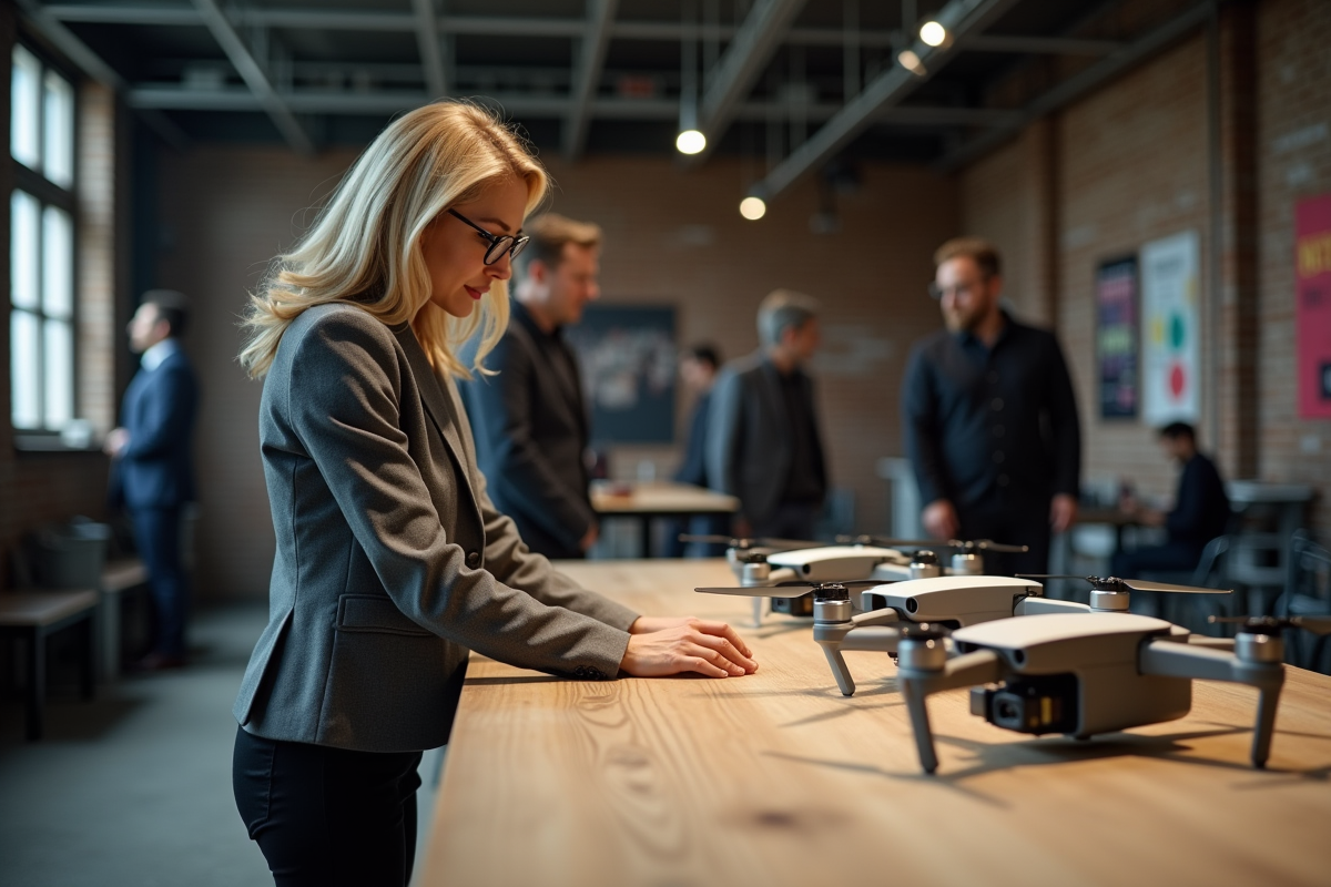 Femme organisatrice examine des drones en backstage intérieur