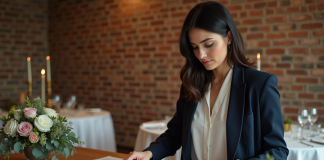 Femme arrangeant plan de table de mariage élégamment