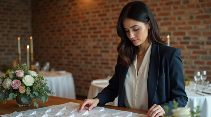 Lister les noms sur un plan de table : astuces et conseils pratiques Femme arrangeant plan de table de mariage élégamment