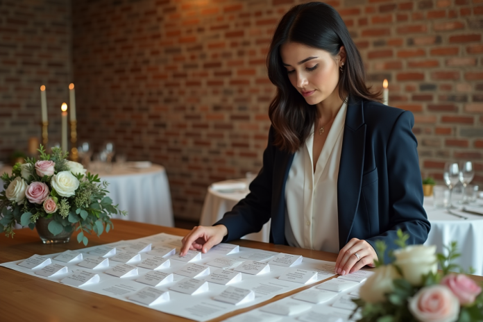 Femme arrangeant plan de table de mariage élégamment