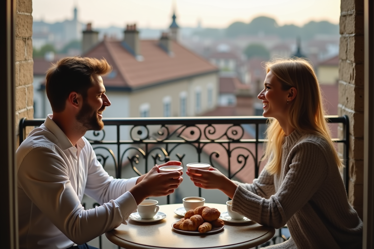 Jeune couple prenant petit déjeuner en balcon européen