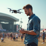 Choisir le meilleur drone pour spectacles : conseils d’expert Jeune homme pilote un drone lors d'un festival en extérieur