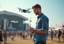 Choisir le meilleur drone pour spectacles : conseils d’expert Jeune homme pilote un drone lors d'un festival en extérieur