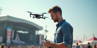 Choisir le meilleur drone pour spectacles : conseils d’expert Jeune homme pilote un drone lors d'un festival en extérieur