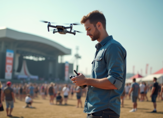 Choisir le meilleur drone pour spectacles : conseils d’expert Jeune homme pilote un drone lors d'un festival en extérieur