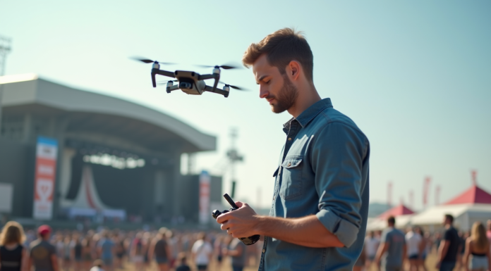 Choisir le meilleur drone pour spectacles : conseils d’expert Jeune homme pilote un drone lors d'un festival en extérieur