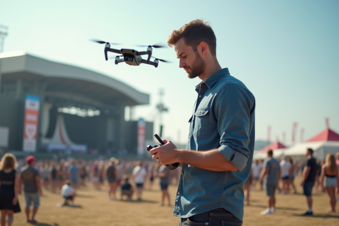 pilote-drone-festival Jeune homme pilote un drone lors d'un festival en extérieur