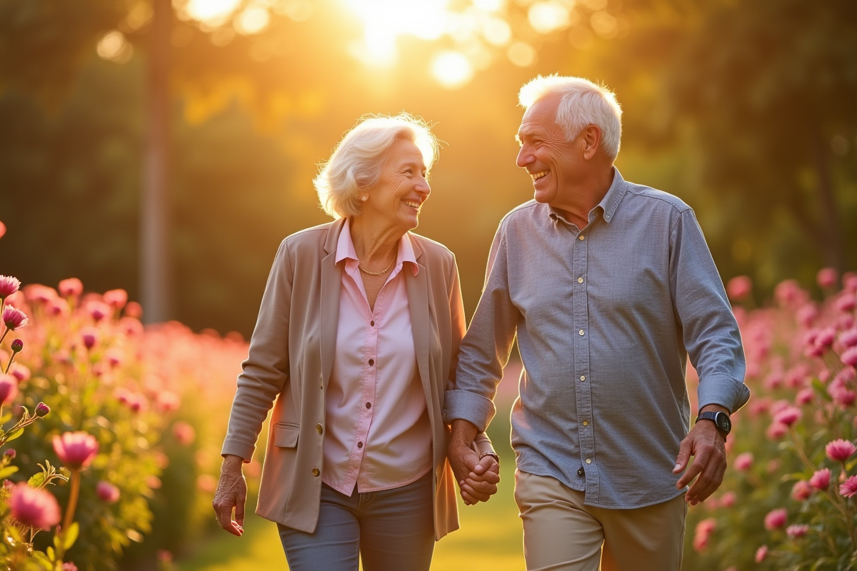 Couple marié se promenant main dans la main dans un parc fleuri